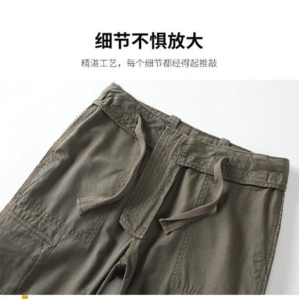American Style Men's Heavyweight Cotton Cargo Pants Multi-Pocket Casual Loose Straight-Leg Work Trousers Outdoor Jogger Pants