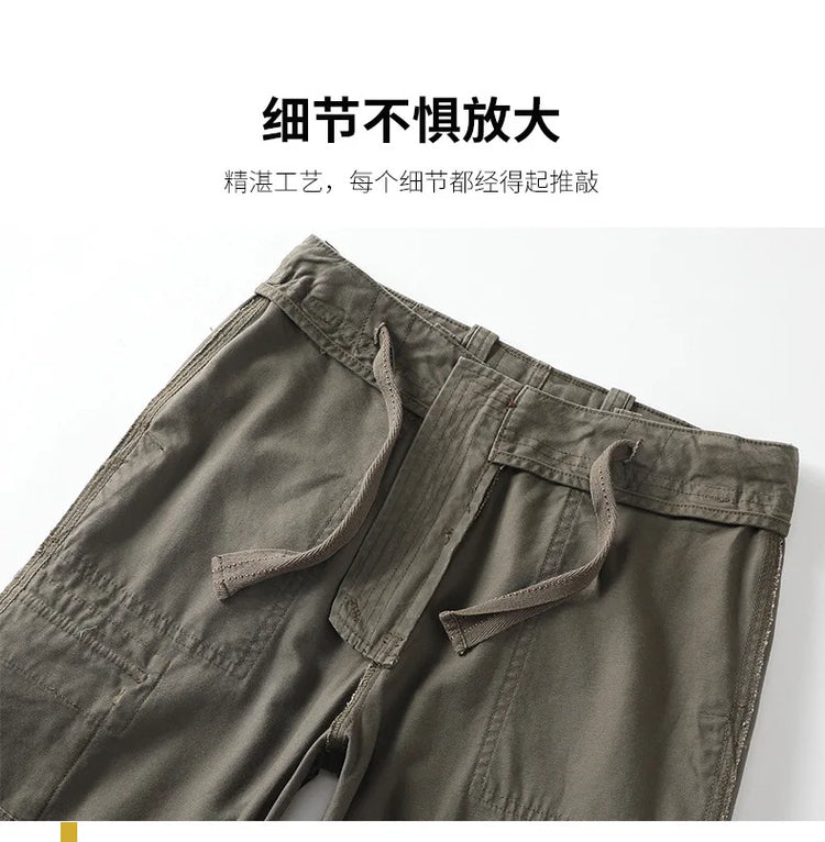 American Style Men's Heavyweight Cotton Cargo Pants Multi-Pocket Casual Loose Straight-Leg Work Trousers Outdoor Jogger Pants