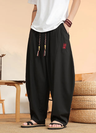 Pantaloni neri da uomo estivi leggeri e larghi in stile retrò giapponese, pantaloni harem casual traspiranti e comodi con elastico in vita
