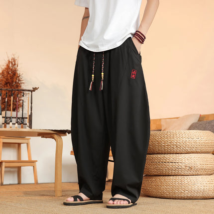 Pantaloni neri da uomo estivi leggeri e larghi in stile retrò giapponese, pantaloni harem casual traspiranti e comodi con elastico in vita