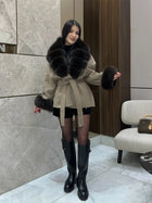 Brown Faux Fur Collar Wool Blend Belted Coats Elegant Wrap V Neck Long Sleeve Lace Up Jackets 2026 Lady Winter Autumn Outwear