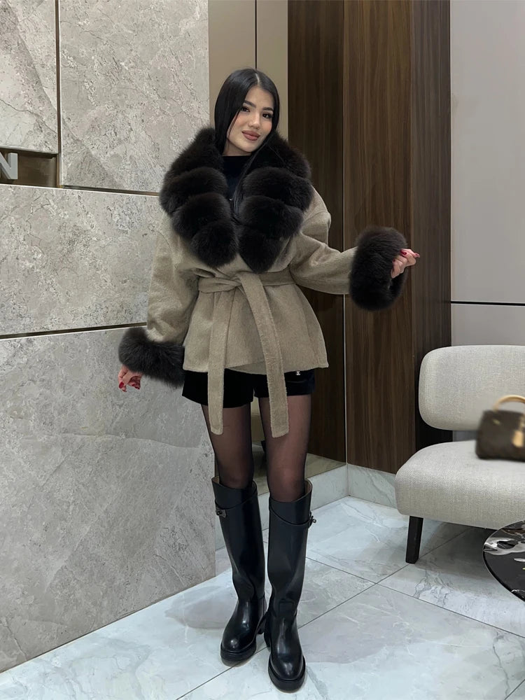 Brown Faux Fur Collar Wool Blend Belted Coats Elegant Wrap V Neck Long Sleeve Lace Up Jackets 2026 Lady Winter Autumn Outwear