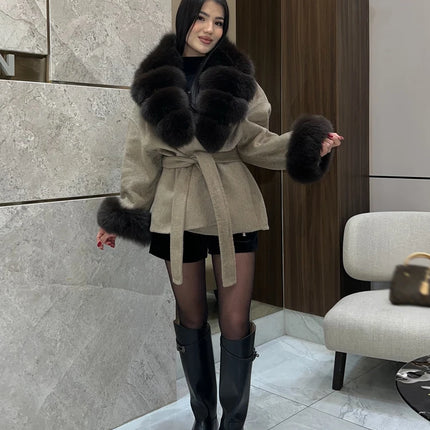 Brown Faux Fur Collar Wool Blend Belted Coats Elegant Wrap V Neck Long Sleeve Lace Up Jackets 2026 Lady Winter Autumn Outwear