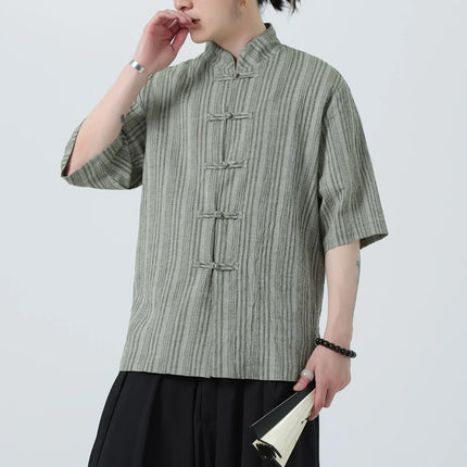 Camicie a Righe da Uomo Estive in Stile Cinese Tradizionale, Camicie Traspiranti in Lino, Abbigliamento Maschile Retrò per Kung Fu e Tai Chi, Completo Casual Tang