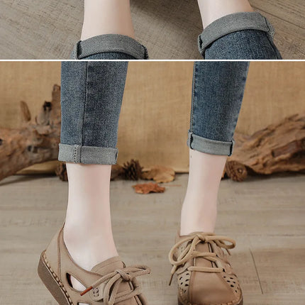 Women's Leather Slip-on Sandals 2026 New Style, Women's Thick Sole Sandals, Retro Mom Style Shoes with Holes, Women's Luxury Sandals