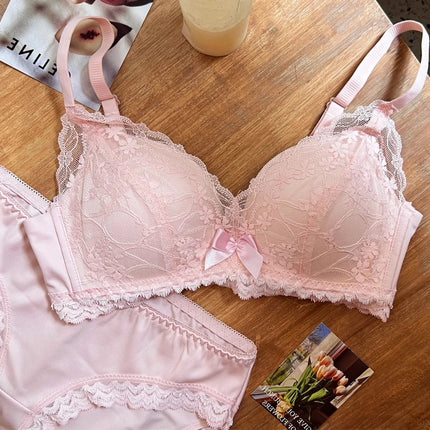 French Lace Bra Wireless Push Up Bralette for Small Bust Adjustable Straps Anti Sagging Support Sexy Lace Up Lingerie Panty Set