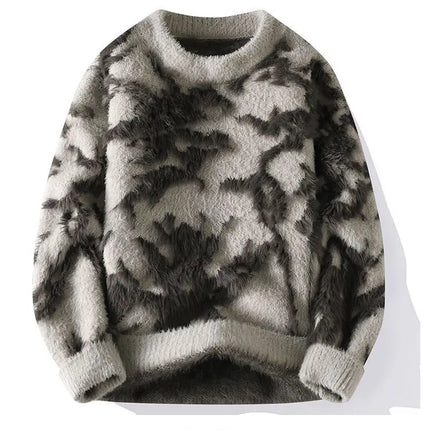 Men Jacquard Furry Sweater Long Sleeve Thick Print Faux Mink Velvet Knit Dyed Pullover O Neck High Street Warm Sweater Jumpers