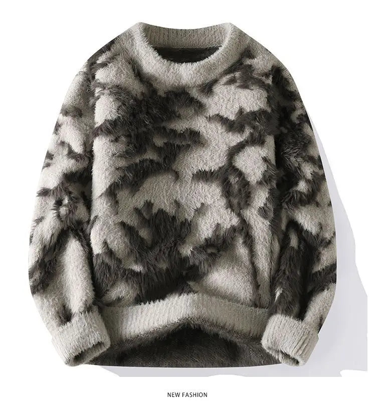 Men Jacquard Furry Sweater Long Sleeve Thick Print Faux Mink Velvet Knit Dyed Pullover O Neck High Street Warm Sweater Jumpers