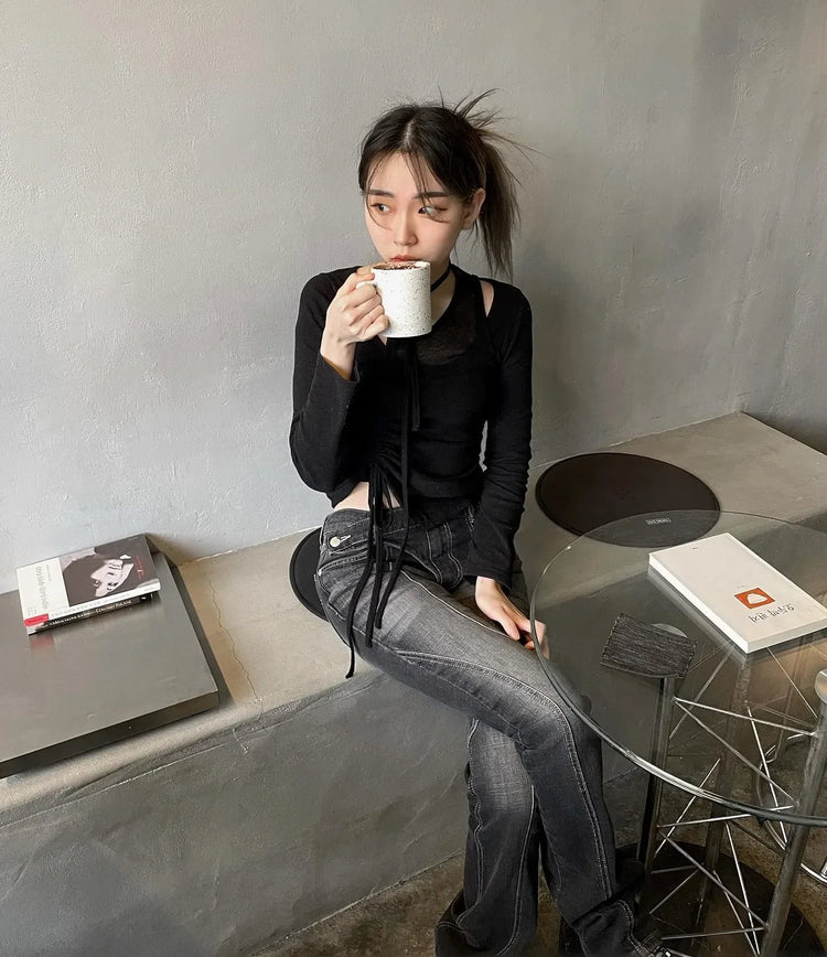 Karrram Vintage Distressed Low Waist Jeans Grunge Asymmetrical Waist Denim Pant Korean Fashion Black Flare Jeans Kpop Streetwear