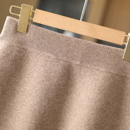 Autumn Winter Women Wool Skirt Elastic Waist Mini Slim Fit Cashmere Skirts 100% Merino Wool Knitted Office Lady Above Knee Dress PlatiNum