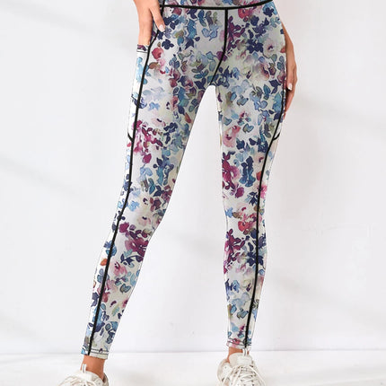Printed women's high waistband pocket fitness pants paired with tight abdominal yoga pants, suitable for running, hiking, and sp PlatiNum