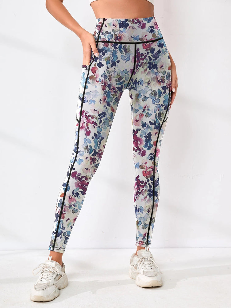 Printed women's high waistband pocket fitness pants paired with tight abdominal yoga pants, suitable for running, hiking, and sp PlatiNum