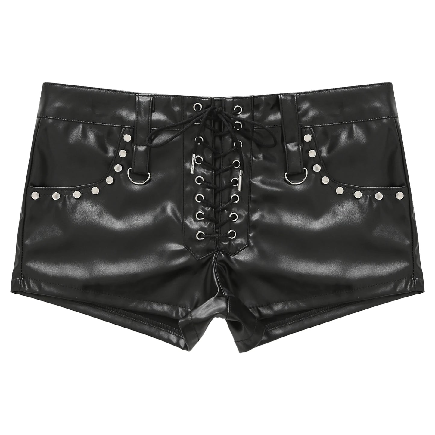 Womens Sexy Tight Fitting Hot Pants Lace-up Pockets Hot Minipants PU Leather Rivets Rave Shorts Wet Look Rave Bar Club Wear