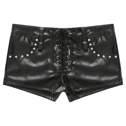Womens Sexy Tight Fitting Hot Pants Lace-up Pockets Hot Minipants PU Leather Rivets Rave Shorts Wet Look Rave Bar Club Wear