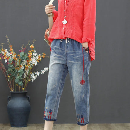 AmaxluluE Jeans larghi strappati da donna alla moda estiva Pantaloni in denim ricamati per il tempo libero da donna Pantaloni Harem elastici da donna vintage