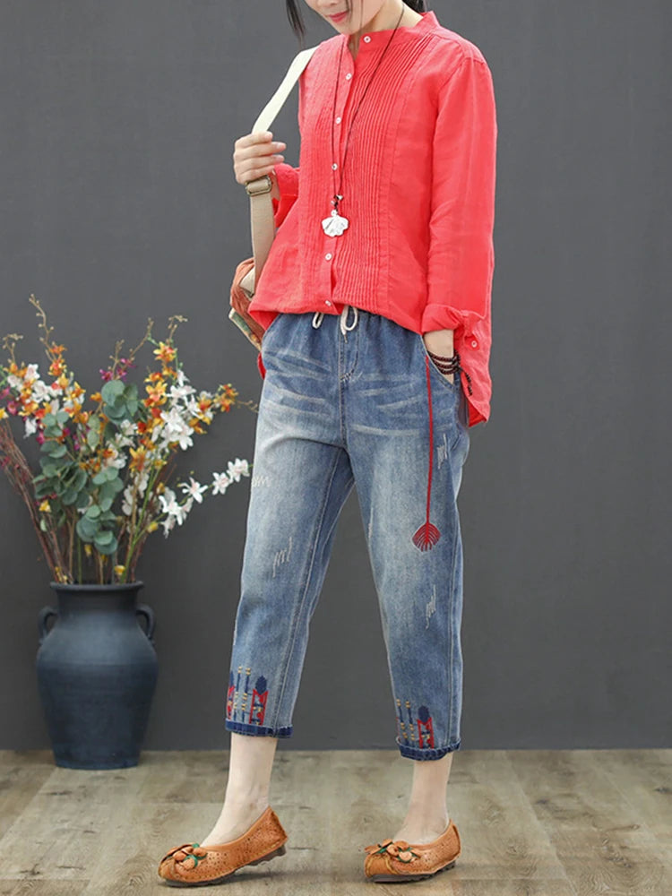 AmaxluluE Jeans larghi strappati da donna alla moda estiva Pantaloni in denim ricamati per il tempo libero da donna Pantaloni Harem elastici da donna vintage