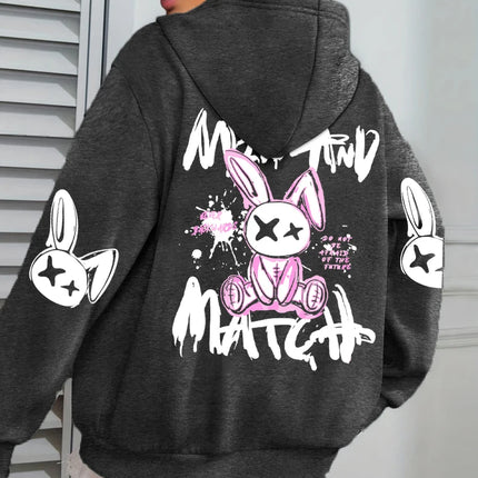 Mix And Match Cartoon Rabbit Prints Women Hoodie Pocket Streetwear Harajuku Loose Hoody All-Match Fleece Female Clothing