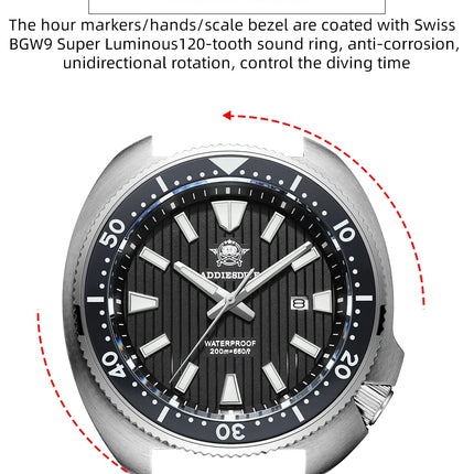 ADDIESDIVE Men's Diving Watch 200 Waterproof Sapphire Glass Quartz Watch BGW9 Luminous Stainless Steel Business Fashion Watch