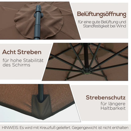 Weather-resistant crank parasol 3 m x 3 m x 2.5 m in steel and coffee-coloured polyester