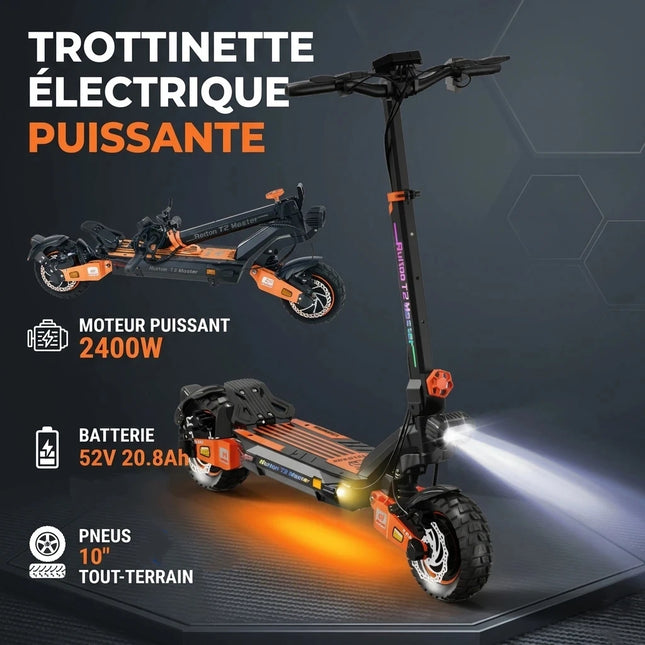 Potente Monopattino Elettrico T2 Master, 2400W, 52V 20.8Ah, Autonomia 65km, Doppio Motore, Pneumatici All-Terrain da 10'', Pieghevole
