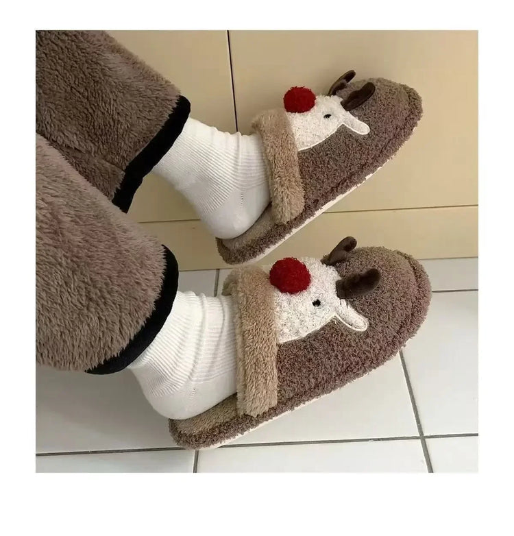 Winter Christmas Women Home Slippers Men Indoor Soft Non-slip Sandals Couples Warm Plush Flat Slides Adults Unisex Lovely Shoes