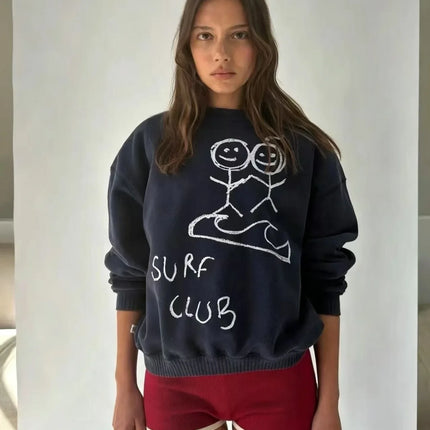 Navy Blue Cartoon Stick Figure Print Crew Neck Sweatshirt Women Loose Long Sleeve Vintage Streetwear Casual Pullover Tops Women