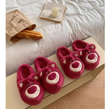 Fashion Strawberry Bear Girl Plush Cotton Slippers for Winter Warmth Indoor with Soft Plush Leisure Cotton Slippers Gifts