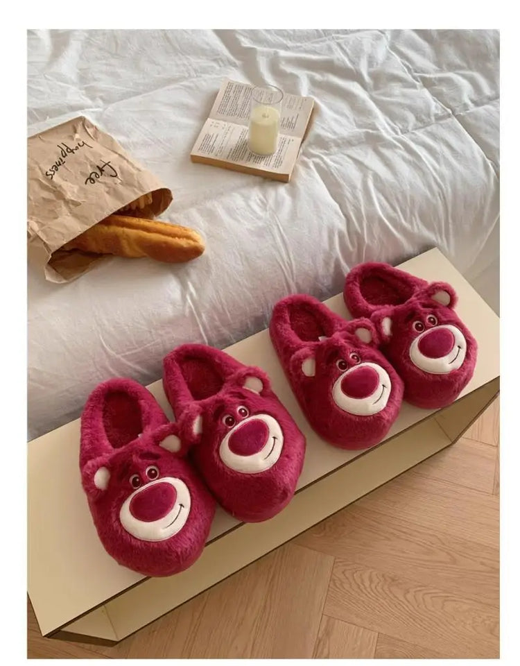 Fashion Strawberry Bear Girl Plush Cotton Slippers for Winter Warmth Indoor with Soft Plush Leisure Cotton Slippers Gifts