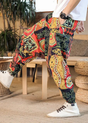 Pantaloni Harem da Uomo 2026 Stile Retrò con Stampa, Pantaloni Jogger Larghi e Comodi con Cavallo Ribassato, Stile Nepal Oversize, Pantaloni Casual da Uomo con Cavallo Ribassato