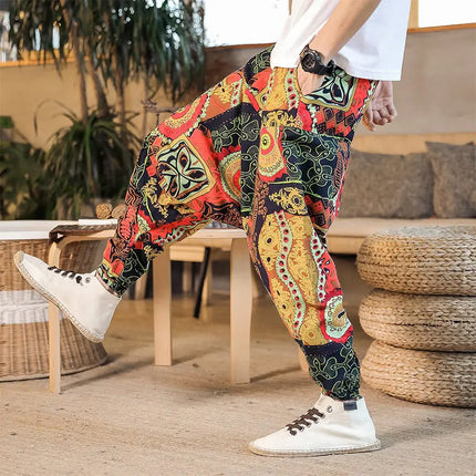 Pantaloni Harem da Uomo 2026 Stile Retrò con Stampa, Pantaloni Jogger Larghi e Comodi con Cavallo Ribassato, Stile Nepal Oversize, Pantaloni Casual da Uomo con Cavallo Ribassato