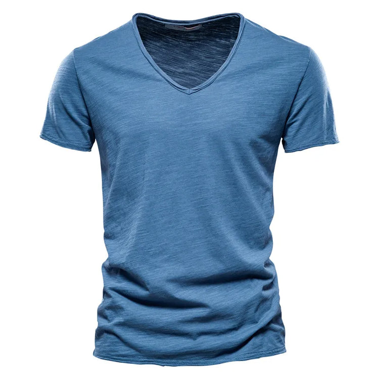 T-shirt da uomo in cotone 100% di qualità del marchio con scollo a V Fashion Design Slim Fit Soild T-shirt da uomo Top Tees T-shirt a maniche corte per uomo