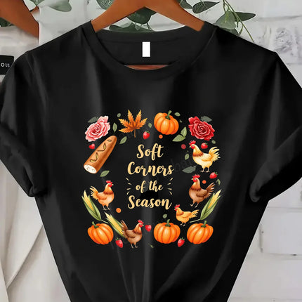 Comoda maglietta da donna con stampa T-shirt con fiori morbidi e cuori selvatici - T-shirt da donna con stampa floreale di gatti