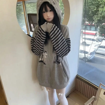 Japanese Harajuku Kawaii Long Sleeve Hoodie Women Cat Ears Sweet Sweatshirt Lace Striped Zipper Casual Cartoon 2025 Autumn