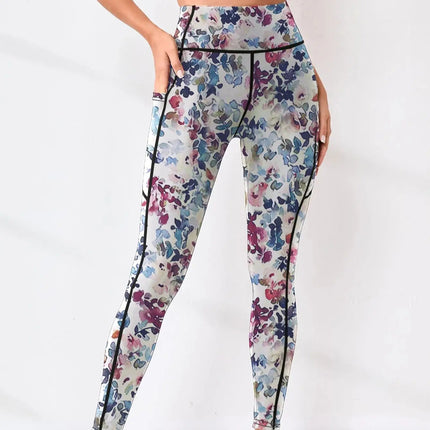 Printed women's high waistband pocket fitness pants paired with tight abdominal yoga pants, suitable for running, hiking, and sp PlatiNum