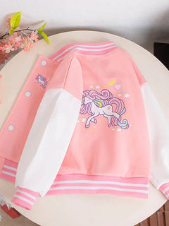 3-12 Years Girls Baseball Coat Spring Autumn Cute Cartoon Unicorn Outerwear Fashion Teenage Girl Spo