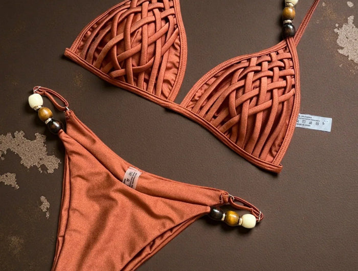Sexy marrone bikini set 2026 donne perle cinturino foro fuori reggiseno push up perizoma costume da bagno brasiliano spiaggia costume da bagno micro costumi da bagno platinumshop