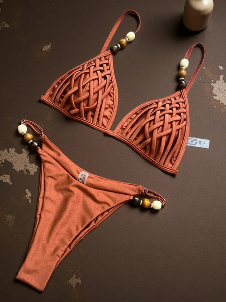 Sexy marrone bikini set 2026 donne perle cinturino foro fuori reggiseno push up perizoma costume da bagno brasiliano spiaggia costume da bagno micro costumi da bagno platinumshop
