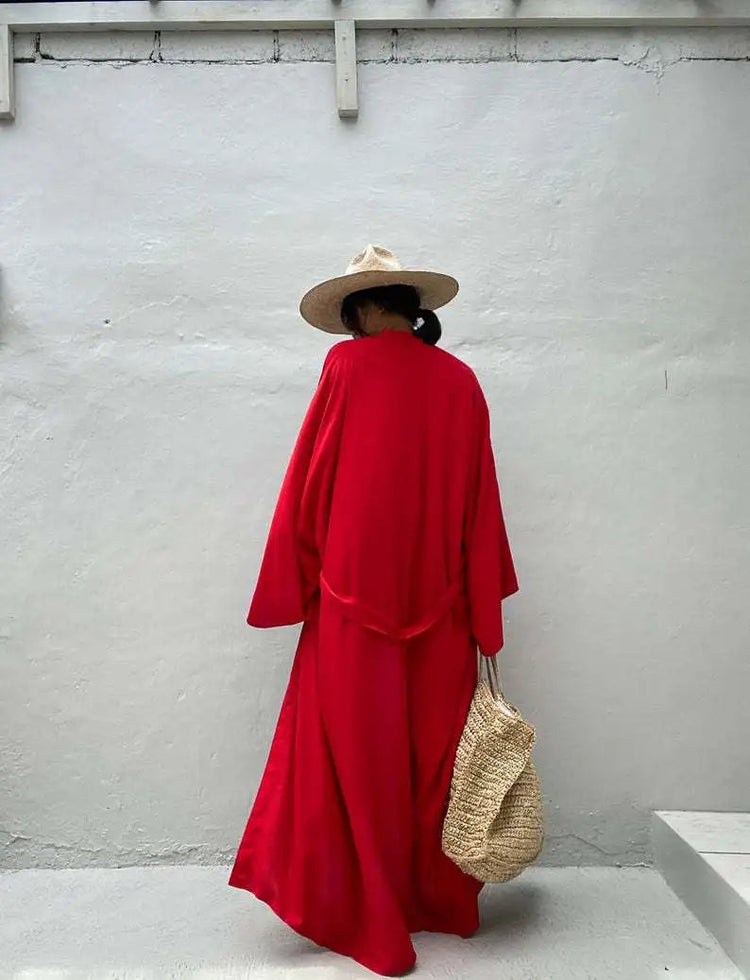 Solid Beach Cover Up Women Self Belted Wrap Kimono Dress Costume da bagno 2025 New Robe Summer Beachwear Fornitura in fabbrica platinumshop