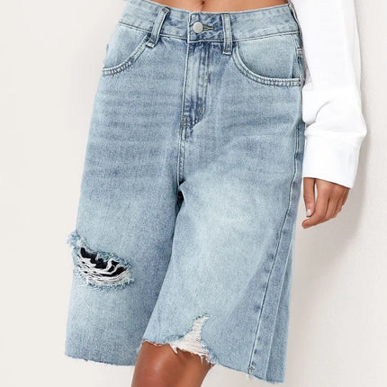 Benuynffy Bf Style Raw Hem Denim Shorts Women's Streetwear High Waist Hip Hop Loose Ripped Straight Wide Leg Half Shorts Jeans PlatiNum