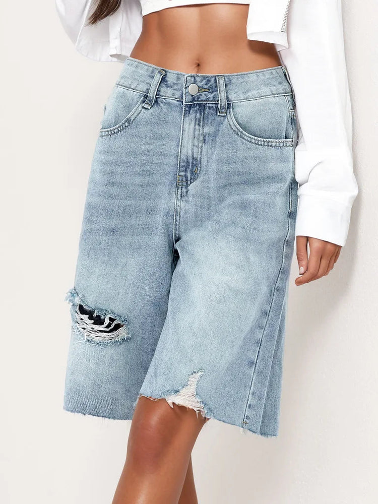 Benuynffy Bf Style Raw Hem Denim Shorts Women's Streetwear High Waist Hip Hop Loose Ripped Straight Wide Leg Half Shorts Jeans PlatiNum