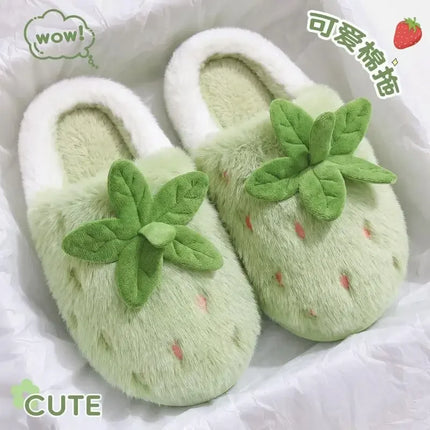 Women's Cotton Slippers Cute Strawberry Furry Fur House Winter Warm Plush Fluffy Slippers Women Chunky Sole Platform GirlsShoes