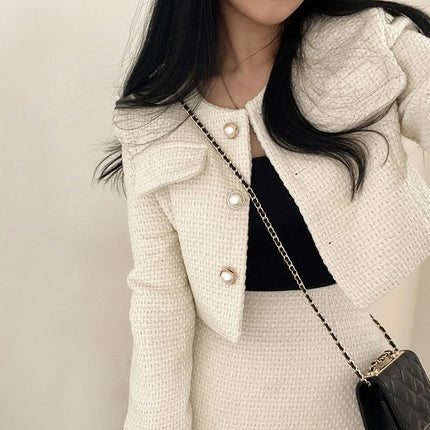 Women Tweed 2 Two Piece Sets Long Sleeve Pearl Buttons Short Jacket and A-line Mini Skirt Set Fall Winter Women Outfits