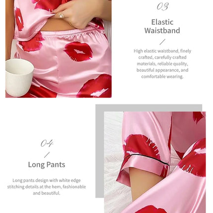 Pigiama da donna in raso con stampa labbra Top Cami con scollo a v e pantaloni elastici per le donne pigiama comodo sonno e abbigliamento da casa