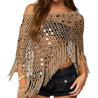Copricostume asimmetrico all'uncinetto con paillettes per donna Poncho lavorato a maglia con nappe scavate e spalle scoperte Top copricostume alla moda platinumshop