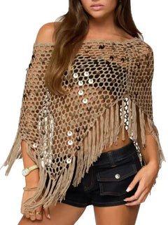Copricostume asimmetrico all'uncinetto con paillettes per donna Poncho lavorato a maglia con nappe scavate e spalle scoperte Top copricostume alla moda