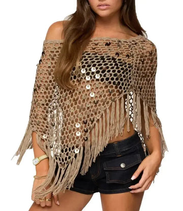 Copricostume asimmetrico all'uncinetto con paillettes per donna Poncho lavorato a maglia con nappe scavate e spalle scoperte Top copricostume alla moda platinumshop