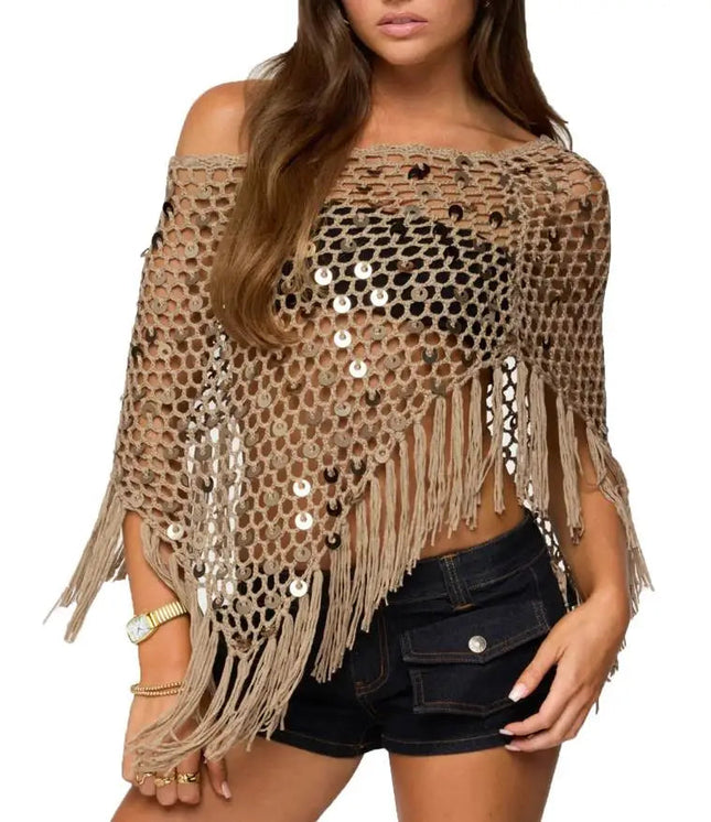 Copricostume asimmetrico all'uncinetto con paillettes per donna Poncho lavorato a maglia con nappe scavate e spalle scoperte Top copricostume alla moda platinumshop