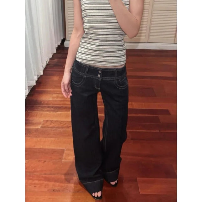 Jeans a gamba larga americani retrò a vita bassa da donna estate autunno pantaloni larghi drappeggiati alti lunghezza estesa pantaloni a gamba larga per ragazze calde