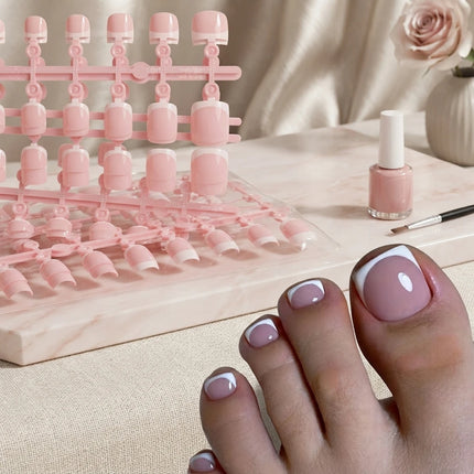 120Pcs Short Square Pink French Full‑Cover Toe Nail Tips White Edge Soft Gel Press‑On Toenails