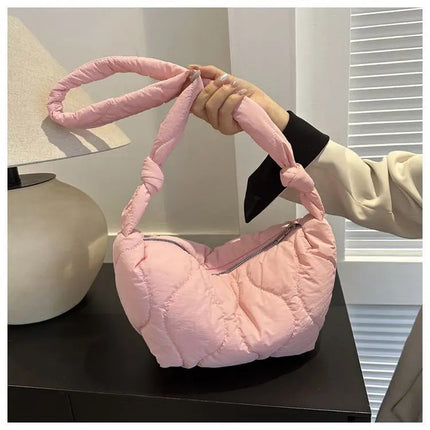 Puffer Shoulder Bag for Women Soft Down Cotton Padded Tote Handbag Purse Quilted Cross Body Bag Solid Color Bubbles Cloud Bag PlatiNum
